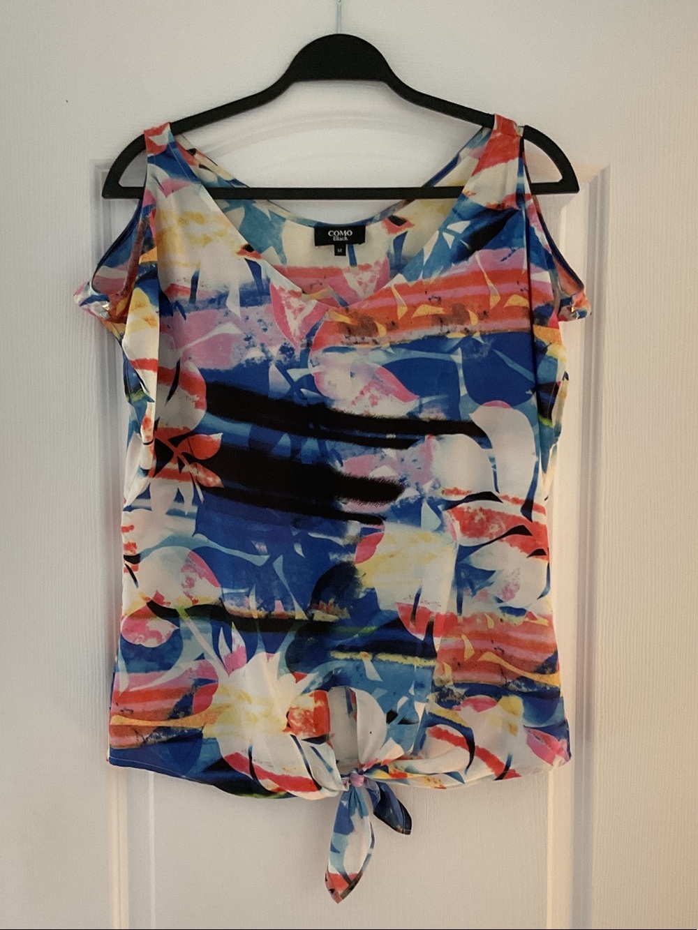 Blue Multicolor Tie-Hem Cold-Shoulder Women's Top